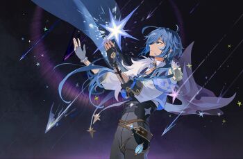 1boy antenna_hair black_gloves blue_eyes blue_hair commentary_request dark-skinned_male dark_skin earrings eyepatch fingerless_gloves fur_scarf genshin_impact gloves hair_over_shoulder jewelry kaeya_(genshin_impact) long_hair low_ponytail male_focus mochuuuuuuu one_eye_covered ponytail shirt shooting_star single_earring step-siblings vision_(genshin_impact)