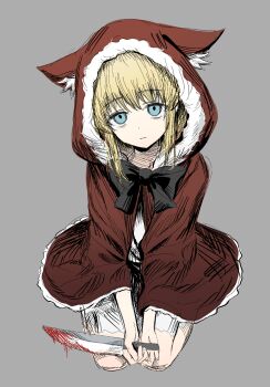 Rule 34 | 1girl, animal ear fluff, animal ears, black bow, black souls, blonde hair, blood, bloody weapon, blue eyes, bow, chinese commentary, cloak, closed mouth, commentary request, dress, expressionless, highres, holding, holding knife, hood, hood up, knife, long hair, red cloak, red hood (black souls), seiza, sitting, solo, weapon, white dress, wolf ears, wolf girl, xianyusixu