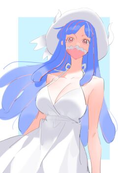 alternate_costume blue_hair breasts cleavage covered_mouth dress horns large_breasts long_hair looking_at_viewer mask mouth_mask multicolored_hair one_piece pink_eyes pink_hair pink_mask raine_(acke2445) streaked_hair ulti_(one_piece) white_dress white_horns