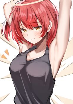 1girl absurdres alternate_breast_size_(larger) arknights armpits arms_up breasts commentary_request exusiai_(arknights) halo highres kuromiz large_breasts looking_at_viewer red_hair short_hair smile solo tank_top upper_body