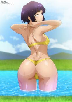 1girl absurdres arms_behind_head arms_up ass audio_jack bikini black_eyes blush boku_no_hero_academia breasts cloud from_behind grass highres holding jiro_kyoka looking_at_viewer looking_back medium_breasts mountain purple_hair short_hair sky standing swimsuit wading water wet yellow_bikini zel-sama