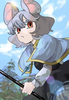 Rule 34 | 1girl, :<, animal ears, black skirt, capelet, closed mouth, cloud, commentary, day, grey capelet, grey hair, hair between eyes, highres, holding, kz m i, long sleeves, mouse ears, nazrin, orange eyes, ribbon-trimmed skirt, ribbon trim, shirt, short hair, shorts, signature, skirt, solo, touhou, tree, white shirt, white shorts