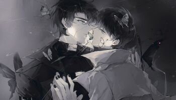 2boys against_glass black_coat black_eyes black_hair broken_glass bug butterfly coat crack cracked_glass glass greyscale hand_to_hand highres insect kim_dokja looking_at_another male_focus monochrome multiple_boys omniscient_reader&#039;s_viewpoint open_clothes open_coat scar scar_on_face short_hair twle upper_body white_coat yoo_joonghyuk