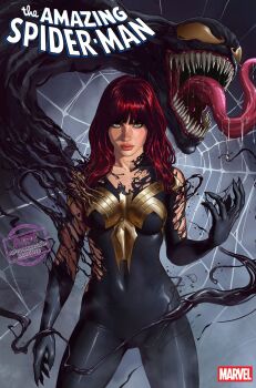 1girl alien animal_print black_bodysuit blunt_bangs bodysuit breasts claws comic_cover copyright_name cover cover_page cowboy_shot freckles green_eyes highres ivan_talavera legs_apart living_clothes long_hair long_tongue looking_at_viewer marvel mary_jane_watson medium_breasts monster_boy parasite pink_lips red_hair saliva sharp_teeth silk skin_tight slime_(creature) slime_boy spider-man_(series) spider_print spider_web standing superhero_costume symbiote teeth tongue venom_(marvel) very_long_tongue western_comics_(style)