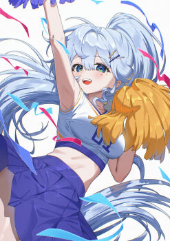 1girl :d alternate_costume arm_up blue_hair breasts cheerleader chyanu commentary english_commentary green_eyes hair_ornament hairclip high_ponytail honkai:_star_rail honkai_(series) jewel_under_eye long_hair medium_breasts midriff_peek open_mouth pleated_skirt ponytail robin_(honkai:_star_rail) skirt smile sparkling_eyes teeth upper_teeth_only very_long_hair