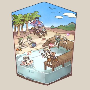 ! !! !? 2boys 4girls :d ^_^ animal barefoot beach beach_umbrella bear bikini blonde_hair blue_eyes blunt_bangs brown_shorts chigu closed_eyes cloud coconut commentary_request day dog drinking green_bikini green_hair heterochromia highres innertube multiple_boys multiple_girls navel open_mouth original outdoors palm_tree pink_eyes rabbit sand short_hair short_twintails shorts simple_bird sitting smile spoken_exclamation_mark spoken_interrobang swim_ring swimsuit topless_male tree twintails umbrella water