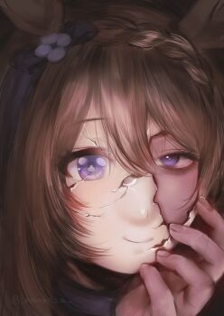 1girl amakazu_33 animal_ears blue_eyes blue_scarf bow braid broken_mask brown_hair close-up crack cracked_kawaii_mask cracked_mask ear_bow hair_between_eyes hand_on_own_face highres horse_ears horse_girl long_hair looking_at_viewer mask multicolored_hair portrait scarf solo streaked_hair super_creek_(murmuring_stream)_(umamusume) super_creek_(umamusume) umamusume white_hair