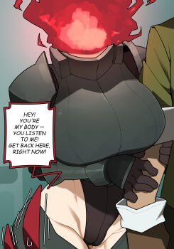 1boy 1girl absurdres armor breasts dullahan fire grabbing_another&#039;s_arm headless highleg highleg_leotard highres junkzero large_breasts leotard monster_girl original