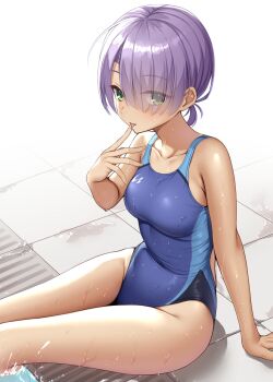 1girl arm_at_side armpit_crease bare_arms bare_shoulders breasts cafe_stella_to_shinigami_no_chou closed_mouth collarbone commentary_request competition_swimsuit covered_navel dark-skinned_female dark_skin eyelashes eyes_visible_through_hair feet_out_of_frame finger_to_mouth fingernails green_eyes groin hair_over_one_eye hand_up highleg highleg_one-piece_swimsuit highres hiuchidani_mei light_blush long_bangs looking_at_viewer medium_breasts ncontrail_(mgax7527) one-piece_swimsuit poolside purple_hair short_hair simple_background sitting soaking_feet solo swimsuit tan thighs tile_floor tiles tongue tongue_out water wet white_background