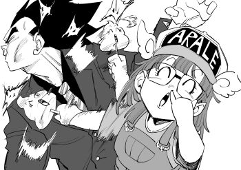absurdres baseball_cap commentary_request creator_connection crossover dr._slump dragon_ball dragon_ball_super formal_clothes glasses greyscale hat highres jacket medium_hair meme monochrome naoya_hitting_choso_without_looking_(meme) necktie nishitakuart norimaki_arale nose_picking overalls poop_on_a_stick simple_background spiked_hair suit vegeta white_background winged_hat