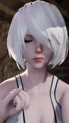1boy 1girl 2b_(nier:automata) 3d animated annoyed artist_name breasts cleavage corset disappointed grey_eyes hair_over_one_eye highres humiliation measuring medium_hair nier:automata nier_(series) penis penis_measuring pinky_out ruler small_penis small_penis_humiliation sphhaven tagme video watermark white_hair