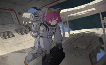 1girl animal_ear_headphones animal_ears astronaut baggy_clothes bespin black_gloves blue_eyes blunt_bangs cable cable_tail cat_ear_headphones cat_ears fake_animal_ears gloves headphones in_orbit jumpsuit mechanical_tail original pink_hair planet science_fiction short_hair space space_station spacecraft spacesuit swept_bangs tail twitter_username white_jumpsuit zero_gravity