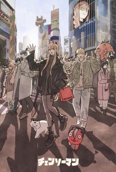 6+boys 6+girls angel_devil_(chainsaw_man) arm_up artist_self-insert bat_devil_(chainsaw_man) beam_(chainsaw_man) black_hair blonde_hair bomb_devil_(chainsaw_man) braid braided_ponytail chainsaw_man cityscape coat denji_(chainsaw_man) eternity_devil_(chainsaw_man) eyepatch fox_devil_(chainsaw_man) grey_hoodie halo hand_in_pocket hayakawa_aki higashiyama_kobeni highres himeno_(chainsaw_man) hood hoodie hybrid katana_man_(chainsaw_man) kishibe_(chainsaw_man) kurose_yuutarou long_hair looking_at_viewer makima_(chainsaw_man) medium_hair meowy_(chainsaw_man) multiple_boys multiple_girls open_mouth pochita_(chainsaw_man) power_(chainsaw_man) princi_(chainsaw_man) reze_(chainsaw_man) road sawatari_akane_(chainsaw_man) shibuya_(tokyo) short_hair sidelocks single_sidelock smile street sweater swept_bangs takeuchi_ryousuke tendou_michiko tokyo_(city) tomato_devil_(chainsaw_man) topknot topless_male turtleneck turtleneck_sweater violence_fiend_(chainsaw_man) zombie