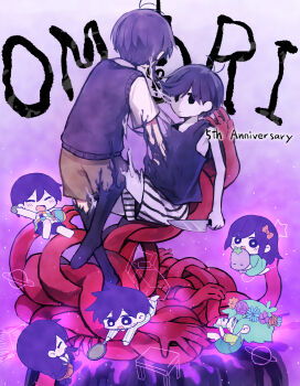 Rule 34 | 2girls, 5boys, anniversary, antenna hair, aubrey (headspace) (omori), aubrey (omori), ball, barefoot, basil (headspace) (omori), basil (omori), black eyes, black hair, black socks, black sweater vest, black tank top, blue overalls, blue shirt, blush, bow, bright pupils, brother and sister, brothers, brown shorts, camera, checkered clothes, chibi, closed eyes, closed mouth, collared shirt, colored skin, commentary request, copyright name, double-parted bangs, dual persona, english text, flower, flower wreath, frying pan, green eyes, green hair, green shirt, hair between eyes, hair bow, head wreath, hector (omori), hero (headspace) (omori), hero (omori), highres, holding, holding ball, holding camera, holding frying pan, holding knife, holding stuffed toy, kel (headspace) (omori), kel (omori), kneehighs, knife, long hair, long shirt, looking at another, mari (headspace) (omori), mari (omori), mr. plantegg (omori), multiple boys, multiple girls, okudo (okudo61), omori, omori (omori), open mouth, overall shorts, overalls, pajamas, pants, pet rock, pink bow, pleated skirt, purple shorts, red skirt, shirt, short hair, short sleeves, shorts, siblings, skirt, smile, socks, striped clothes, striped pajamas, striped pants, striped shorts, stuffed animal, stuffed eggplant, stuffed toy, sunny (omori), sweat, sweater vest, t-shirt, tank top, vertical-striped clothes, vertical-striped pajamas, vertical-striped pants, vertical-striped shorts, white pajamas, white pants, white pupils, white shirt, white shorts, white skin