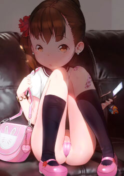 1girl ass bad_id bad_pixiv_id bag bandaid black_socks brown_eyes brown_hair cameltoe cellphone charm_(object) couch earrings flip_phone flower food_print fruit_print hair_flower hair_ornament hideousbeing highres ikamusume inkling jewelry kneehighs knees_to_chest knees_together_feet_apart legs_up loli long_hair looking_at_viewer mary_janes matching_hair/eyes nintendo no_pants on_couch open_mouth original panties pantyshot phone pigeon-toed pink_panties pink_shoes polka_dot polka_dot_panties shirt shoes side_ponytail sitting socks solo source_request splatoon_(series) splatoon_1 strawberry_print tentacle_hair thong underwear variants watch wristwatch