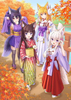 4girls :d absurdres animal_ear_fluff animal_ears arms_behind_head arms_up autumn_leaves black_hair black_sandals blonde_hair blue_sky blush branch breasts brown_eyes brown_hair brown_sandals cat_ears closed_mouth clothing_cutout commentary_request day detached_sleeves folded_ponytail food food_in_mouth fox_ears fox_girl fox_mask fox_tail grey_thighhighs hakama hakama_skirt highres hip_vent holding holding_food iroha_(iroha_matsurika) japanese_clothes kimono kohaku_(iroha_(iroha_matsurika)) koyoi_(iroha_(iroha_matsurika)) kunoichi-chan_(iroha_(iroha_matsurika)) lake leaf long_sleeves maple_leaf mask mask_on_head medium_breasts miko mouth_hold multiple_girls mutsuki_(iroha_(iroha_matsurika)) obi open_mouth original outdoors print_kimono purple_eyes purple_kimono purple_sleeves railing red_hakama sandals sash sideboob skirt sky sleeveless sleeveless_kimono smile socks steamed_bun tabi tail thighhighs water white_kimono white_sleeves white_socks wide_sleeves wolf_ears wolf_girl wolf_tail yagasuri zouri