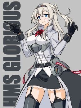 1girl absurdres belt black_belt black_gloves black_skirt blue_eyes braid breasts character_name cleavage commentary flower garter_straps glorious_(kancolle) gloves grey_background grey_hair grey_jacket grey_overskirt grey_thighhighs half_up_braid highres jacket kantai_collection long_hair medium_breasts military_uniform ponytail red_flower samusara shirt skirt solo standing symbol-only_commentary thighhighs tiara white_shirt