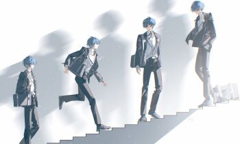 4boys bag black_bag black_jacket black_pants black_ribbon black_shoes blue_hair clone commentary_request digital_media_player digital_walkman earphones_removed full_body gekkoukan_high_school_uniform hair_over_one_eye hand_in_pocket highres jacket long_sleeves multiple_boys open_clothes open_jacket pants persona persona_3 r5_(yexinr5) ribbon school_bag school_uniform shirt shoes short_hair signature stairs standing walking walkman_nw-s203f white_background white_shirt yuuki_makoto_(persona_3)