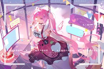 1girl ;) battery_indicator birthday_cake breasts cake chinese_commentary cleavage commentary_request cy_fei diamond-shaped_pupils diamond_(shape) dress elysia_(hi_love_elf)_(honkai_impact) elysia_(honkai_impact) food hair_ornament heart heart_hair_ornament highres honkai_(series) honkai_impact_3rd long_hair medium_breasts monitor one_eye_closed pink_hair prototype_design purple_dress purple_eyes smile solo symbol-shaped_pupils twintails very_long_hair viewfinder wings