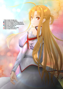1girl ahoge armor artist_name asuna_(sao) bare_shoulders belt booth_logo booth_username braid breasts brown_eyes brown_hair closed_mouth commentary_request cowboy_shot detached_sleeves dress fanbox_logo fanbox_username from_behind half_up_half_down_braid highres instagram_logo instagram_username knights_of_blood_uniform_(sao) long_hair long_sidelocks long_sleeves looking_back looking_to_the_side medium_breasts medium_dress misaka-net paid_reward_available patreon_logo patreon_username pixiv_logo pixiv_username sidelocks sleeveless sleeveless_dress smile solo sword_art_online threads_logo threads_username turtleneck turtleneck_dress twitter_logo twitter_username variant_set watermark web_address white_armor white_belt white_dress white_sleeves youtube_logo youtube_username