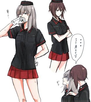 Rule 34 | 10s, 2girls, blue eyes, brown eyes, brown hair, cropped legs, crossed arms, garrison cap, girls und panzer, gloves, grey hair, hand on another's shoulder, hand on own hip, hand on own face, hat, highres, itsumi erika, kuromorimine military uniform, long hair, multiple girls, multiple views, nishizumi maho, sketch, sweatdrop, translation request, uuron (nkktmrrr), white background
