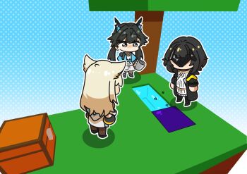 3girls animal_ears arknights arknights:_endfield ashy_(dankestsin) bird_ears black_hair blindfold_mask blonde_hair box bucket chen_qianyu_(arknights) chibi commentary dragon_horn endministrator_(arknights) english_commentary female_endministrator_(arknights) grey_eyes highres holding holding_bucket looking_down mask minecraft multiple_girls perlica_(arknights) tree twintails water