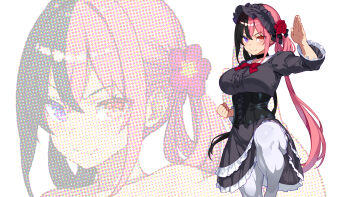 Rule 34 | 1girl, absurdres, black corset, black dress, black hair, breasts, choker, commentary request, corset, dress, fang, fighting stance, flower, frilled dress, frilled hairband, frills, gothic lolita, hair flower, hair ornament, hairband, heterochromia, highres, large breasts, lolita fashion, long hair, looking at viewer, low twintails, multicolored hair, murata taichi, muscular, muscular female, orange eyes, original, pantyhose, pink hair, purple eyes, red flower, red rose, rose, skin fang, smile, solo, split-color hair, standing, standing on one leg, twintails, two-tone hair, very long hair, white background, white pantyhose, zoom layer