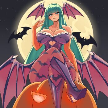 1girl absurdres animal_print bat_print black_leotard blunt_bangs breasts darkstalkers demon_girl full_moon green_eyes green_hair halloween head_wings highres konaloid large_breasts leotard looking_at_viewer moon morrigan_aensland pantyhose pumpkin purple_pantyhose smile solo strapless strapless_leotard wings