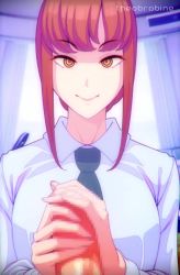 1boy 1girl animated artist_collaboration artist_name asmr assertive_female audible_speech black_neckwear blouse censored chainsaw_man collared_shirt cottontailva english_audio erection eye_contact femdom handjob hetero long_hair looking_at_another looking_at_viewer makima_(chainsaw_man) mosaic_censoring necktie penis pov red_hair ringed_eyes shirt smile sound theobrobine video white_shirt yellow_eyes