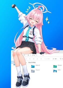 +++ 1girl ahoge aqua_necktie arm_up black_gloves black_shoes black_skirt blue_archive blush closed_eyes collared_shirt commentary_request cross-laced_shoes facing_viewer fang fingerless_gloves full_body gloves hair_spread_out halo highres hoshino_(blue_archive) id_card long_hair microsoft_windows necktie open_mouth plaid_clothes plaid_skirt school_uniform shirt shoes sidelocks sitting skirt socks solo sparkle translation_request u9ffo user_interface very_long_hair white_shirt white_socks windows_11
