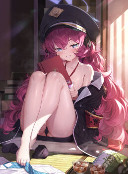 1girl armband bag_of_chips bare_legs bare_shoulders barefoot between_toes black_panties blue_archive blue_necktie blush book book_stack bowl chips_(food) condom condom_wrapper crossed_legs feet female_focus food full_body grin hat highres holding holding_book indoors iroha_(blue_archive) jacket knees_up loli long_hair long_sleeves looking_at_viewer matanonki military_hat military_jacket necktie off_shoulder open_clothes panties pantyshot peaked_cap potato_chips red_hair safety_pin shirt sitting slit_pupils smile socks solo striped_clothes striped_necktie sunlight sweat tatami thighs underwear unworn_clothes unworn_necktie unworn_shirt unworn_socks very_long_hair wet