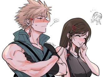 1boy 2girls bare_shoulders black_gloves black_hair black_vest blonde_hair blue_shirt blush braid breasts closed_mouth cloud_strife commentary_request covering_own_mouth crossed_arms embarrassed final_fantasy final_fantasy_vii final_fantasy_vii_advent_children gloves hair_ribbon highres large_breasts long_hair marlene_wallace mrg2by multiple_girls notice_lines red_ribbon ribbed_shirt ribbon shirt short_hair simple_background single_shoulder_pad sleeveless sleeveless_shirt spiked_hair squiggle sweatdrop tifa_lockhart twitter_username upper_body vest white_background