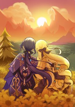 2girls absurdres blonde_hair blue_cape blue_hair bodice bow cape clorinde_(genshin_impact) cloud commentary corset dress earrings english_commentary epaulettes flower from_behind genshin_impact grass hair_bow highres jewelry lake leaning long_hair low-tied_long_hair mountainous_horizon multiple_girls navia_(genshin_impact) pencil_skirt sitting skirt sky strapless strapless_dress sun sunset tree water wriochii yuri