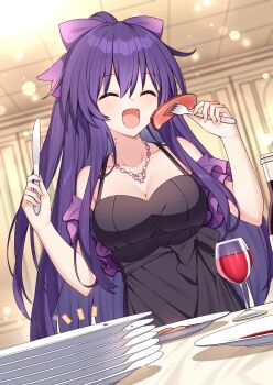 1girl ^_^ arms_up belt black_belt black_bow black_dress bottle bow breasts closed_eyes commentary_request commission cup date_a_live dress drinking_glass eating fang food fork hair_between_eyes hair_bow happy highres holding holding_fork holding_knife knife large_breasts long_hair meat mole mole_on_neck notice_lines open_mouth plate purple_bow purple_hair skeb_commission smile solo t@ke-g very_long_hair wine_bottle wine_glass yatogami_tohka