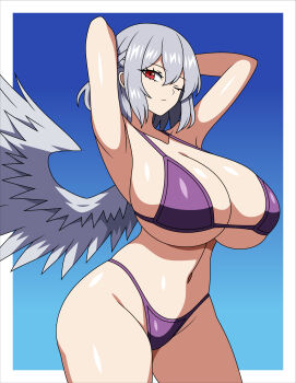 1girl absurdres anime_coloring arms_behind_head bikini blue_background blush breasts cleavage closed_mouth commentary_request cowboy_shot gradient_hair grey_hair groin highres huge_breasts kishin_sagume looking_at_viewer multicolored_hair navel one_eye_closed outdoors purple_bikini red_eyes short_hair single_wing solo ssaf_seibeupail swimsuit touhou wings