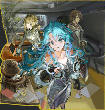 1boy 2girls :o bare_shoulders blonde_hair blue_hair brown_hair coat computer couch desk ding_(vessel) dress feet_out_of_frame full_body gloves green_eyes grey_coat hair_intakes han_zhang_(reverse:1999) hand_up highres hissabeth indoors jacket long_hair looking_at_viewer mark_under_eye multiple_girls name_day_(reverse:1999) newt off_shoulder office pencil_dress pointer_(reverse:1999) purple_eyes red_pupils reverse:1999 robot_ears salamander short_hair silver_dress sleeveless sleeveless_dress slit_pupils snake snake_on_head standing veerinly white_coat white_jacket yellow_eyes yellow_gloves