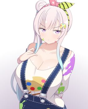 1girl airani_iofifteen airani_iofifteen_(1st_costume) breasts cleavage denim denim_overalls gradient_background hair_bun hashtag-only_commentary highres hololive hololive_indonesia large_breasts long_hair paint_on_body palette_hair_ornament pink_hair pout purple_eyes ren_0_(044ren) side_ponytail virtual_youtuber