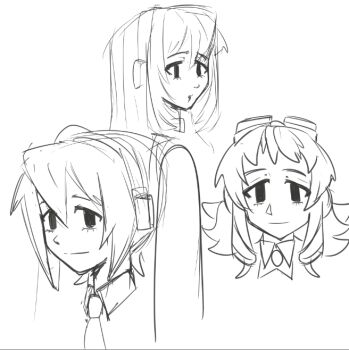 3girls closed_mouth collared_shirt cropped_torso greyscale gumi hatsune_miku hatsuno headphones long_hair looking_at_viewer megurine_luka monochrome multiple_girls shirt sketch twintails vocaloid