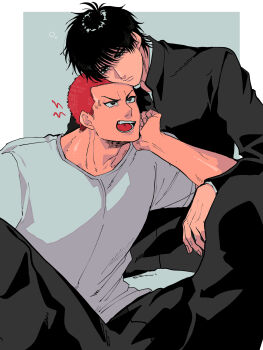 2boys a_nzi_end absurdres black_eyes black_hair black_jacket black_pants border closed_mouth commentary_request highres jacket male_focus multiple_boys open_mouth orange_hair pants rukawa_kaede sakuragi_hanamichi shirt short_hair sitting slam_dunk_(series) white_border white_shirt yaoi