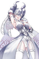 Rule 34 | 1girl, absurdres, armored corset, armpits, arms behind back, blush, breasts, cleavage, cowboy shot, demon girl, demon horns, demon wings, dress, duel monster, gloves, grey eyes, grey hair, highres, holding, horns, large breasts, leotard, leotard under clothes, looking at viewer, lovely labrynth of the silver castle, low wings, multiple wings, open mouth, pointy ears, simple background, smile, solo, sora-wo-tomo, spread cleavage, transparent wings, twintails, white background, white horns, wings, yu-gi-oh!