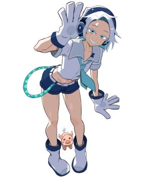 1boy aqua_eyes aqua_hair aqua_necktie blue_shorts boots clenched_teeth colored_eyelashes commentary_request cropped_shirt full_body genderswap genderswap_(ftm) gloves grin hand_up haneuzu_miuneru headphones highres leaning_forward looking_at_viewer loose_necktie male_focus multicolored_hair navel necktie nomark_1210 pig shirt short_hair shorts smile solo standing teeth transparent_background two-tone_hair virtual_youtuber voms white_boots white_gloves white_hair white_shirt