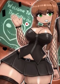 Rule 34 | 1girl, belt, black belt, black eyeshadow, black lips, black nails, black ribbon, black shirt, black skirt, black thighhighs, blush, breasts, brown hair, chain, chalkboard, choker, classroom, cleavage, collarbone, detached sleeves, doki doki literature club, eyeshadow, fishnet sleeves, fishnets, gothic lolita, green eyes, grin, hair ribbon, heart, large breasts, lipstick, lolita fashion, long hair, long sleeves, looking at viewer, makeup, monika (doki doki literature club), nail polish, ponytail, ribbon, shirt, sidelocks, skirt, sleeveless, sleeveless shirt, smile, sparkle, speech bubble, spoken heart, standing, teeth, thick thighs, thighhighs, thighs, tony welt, waving, wide hips, zipper