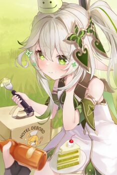 1girl :t absurdres bare_shoulders baseatoz blush cake cake_slice closed_mouth commentary_request cross-shaped_pupils day detached_sleeves dress eating escoffier_(genshin_impact) food fork genshin_impact gold_trim gradient_hair green_eyes green_hair green_sleeves hair_between_eyes highres holding holding_fork korean_commentary long_hair multicolored_hair nahida_(genshin_impact) outdoors partial_commentary plate pointy_ears side_ponytail sitting sleeveless sleeveless_dress solo symbol-shaped_pupils white_dress white_hair