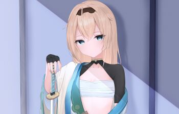 1girl black_gloves black_hairband blonde_hair blue_eyes blush breasts closed_mouth collarbone commentary_request covered_collarbone fingerless_gloves gloves hair_between_eyes hairband hand_on_hilt highres hololive japanese_clothes katana kazama_iroha kazama_iroha_(1st_costume) kimono long_hair long_sleeves looking_at_viewer off_shoulder riya_(01214) sarashi small_breasts solo sword upper_body virtual_youtuber weapon white_kimono wide_sleeves
