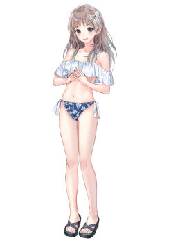 Rule 34 | 1girl, absurdres, atelier (series), atelier totori, bikini, blush, breasts, commentary request, floral print, full body, grey eyes, grey hair, hair ribbon, highres, kishida mel, long hair, looking at viewer, navel, open mouth, print bikini, ribbon, sandals, simple background, small breasts, smile, solo, steepled fingers, swimsuit, toes, totooria helmold, white background
