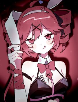 1girl :q absurdres ace_(playing_card) ace_of_hearts ahoge animal_ears arm_ribbon bare_shoulders black_hairband black_leotard blush_stickers bow bowtie card closed_mouth clothing_cutout commentary_request detached_collar double-parted_bangs drill_hair hair_ornament hairband hand_up heart heart_cutout highres kasane_teto leotard looking_at_viewer nail_polish okayu_(cwtv7823) playboy_bunny playing_card rabbit_ears rabbit_hole_(vocaloid) red_bow red_bowtie red_eyes red_hair red_nails red_ribbon ribbon short_hair smile solo strapless strapless_leotard teardrop_facial_mark tongue tongue_out twin_drills upper_body utau x_hair_ornament