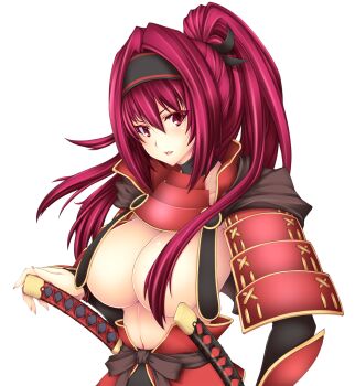 1girl armor breasts cleavage female_focus headband highres huge_breasts japanese_armor katana large_breasts long_hair navel no_bra open_mouth original pink_eyes pink_hair ponytail purple_hair red_eyes red_hair samurai shoulder_armor sode solo sword topless_female transparent_background weapon yui.h