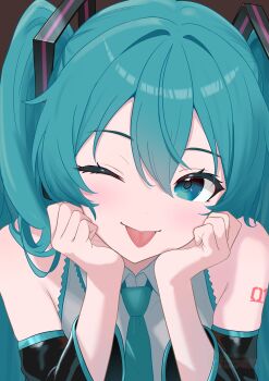 1girl ;p absurdres aqua_eyes aqua_hair aqua_necktie black_sleeves futatunoniji grey_shirt hair_ornament hatsune_miku highres long_hair looking_at_viewer necktie one_eye_closed shirt smile solo tongue tongue_out twintails very_long_hair vocaloid