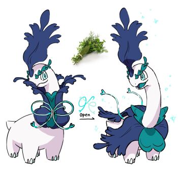 aqua_eyes closed_eyes commentary fakemon ffccll gen_2_pokemon green_pupils highres meganium multiple_views nintendo no_humans open_mouth pokemon pokemon_(creature) pokemon_focus standing tongue white_background