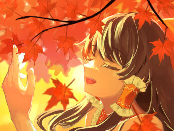 1girl autumn_leaves bow brown_hair closed_eyes commentary_request falling_leaves frilled_hair_tubes frills hair_bow hair_tubes hakurei_reimu highres leaf long_hair maple_leaf marisuku open_mouth red_bow smile solo touhou